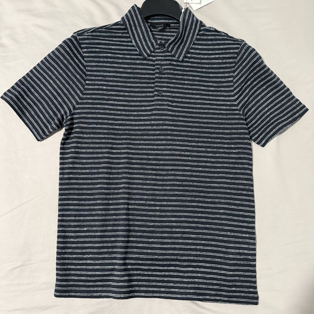 Vince Men’s Striped Linen Jersey Polo Three-Button Placket Shirt - M